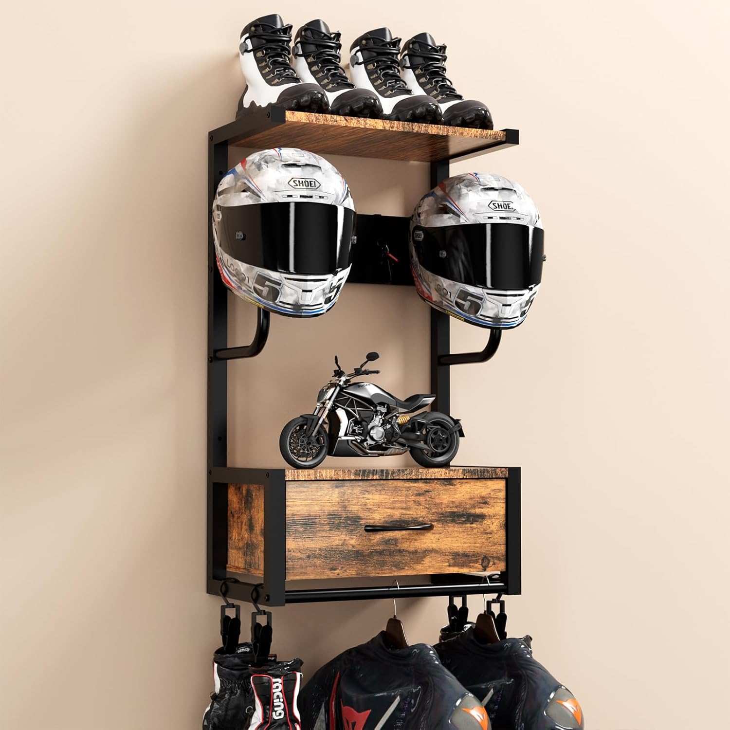 Cycling Gear Wall Organizer - Motorcycle Helmet Holder, Wall-Mounted Rack With